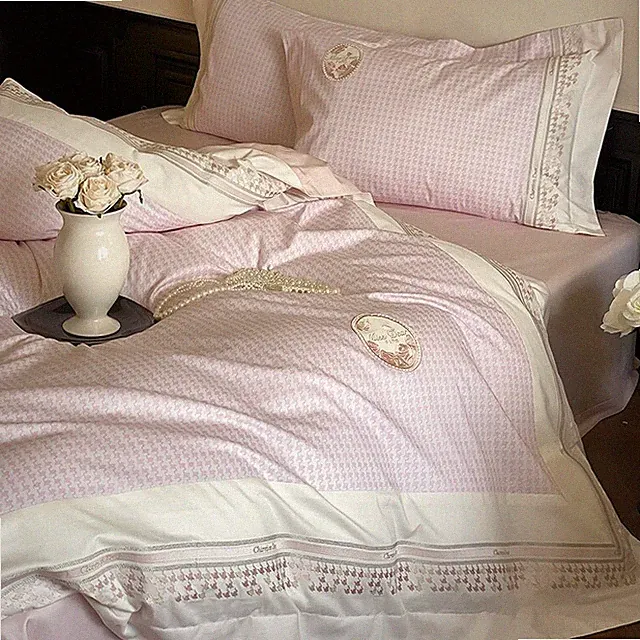 100% Egyptian cotton brushed vintage houndstooth embroider Pink duvet cover set