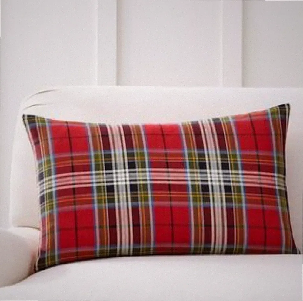 2 Pottery Barn Double Sided Pillow Shams Plaid w/ Red & White Houndstooth 16x26"