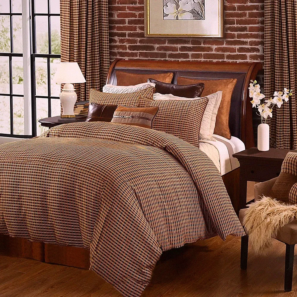 Clifton Rustic Bedding, 3 Piece King Size Comforter Set, Brown Houndstooth Patte