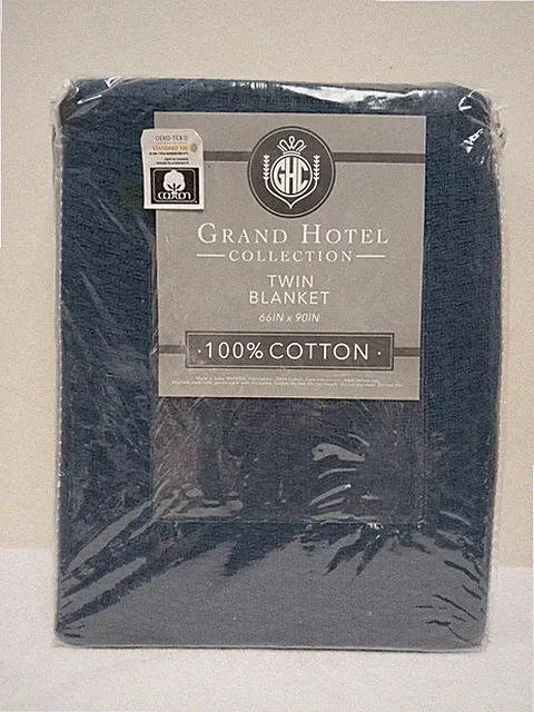 Grand Hotel Collection Twin Blanket 100% Cotton Houndstooth Stitch Pattern Navy