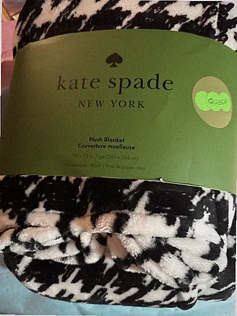 NWT Kate Spade Black & White Houndstooth Oversized Queen Fleece Blanket 98 X 92