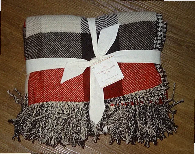 Pottery Barn WHITAKER REVERSIBLE THROW Blanket RED Plaid /Houndstooth NWT