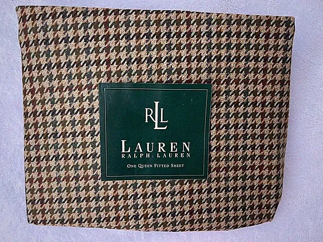 RALPH LAUREN Edgefield Houndstooth Olive QUEEN Deep Fitted Sheet RARE