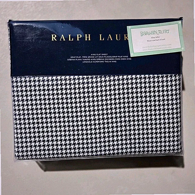 RALPH LAUREN Screening Room KING Flat SHEET Navy Blue White Houndstooth $245