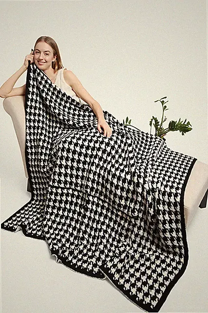 ScarvesMe Oversized Luxury Soft Houndstooth Cozy Throw Blanket With Trim