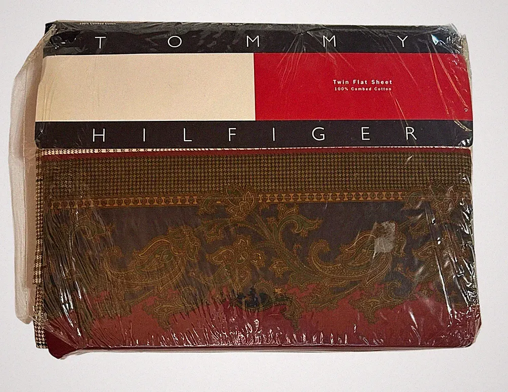 Tommy Hilfiger Twin Flat Sheet Paisley Houndstooth Denbeigh Vintage New Red