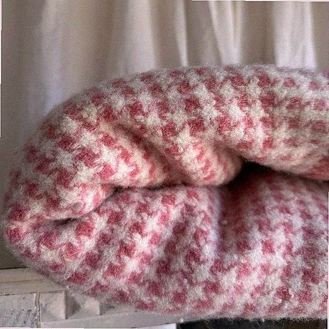 Vintage Houndstooth Wool throw blanket pink white tweed style rare 74x50”