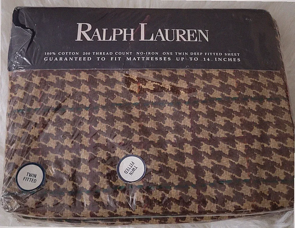 Vintage RALPH Lauren TWIN Brookside FITTED SHEET HOUNDSTOOTH Rare New Seal Tear