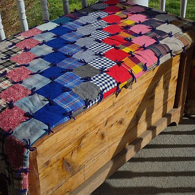 Vintage Wool Patchwork Tied Quilt Plaid Sawtooth Edge Handmade Comforter Throw