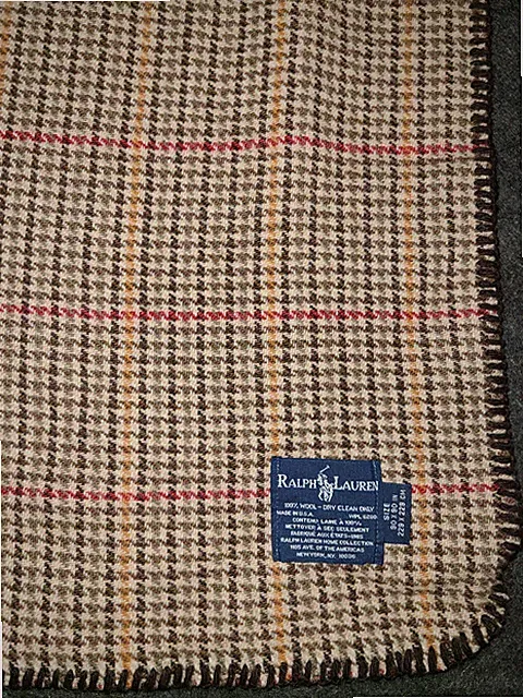 Vtg Ralph Lauren tan brown red houndstooth Full / Queen wool blanket, 90"x90" B